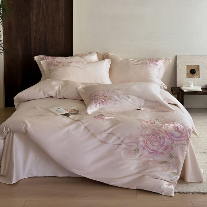 Luxury Silk-Feel Floral Embroidered Duvet Cover & Pillow Sham Set