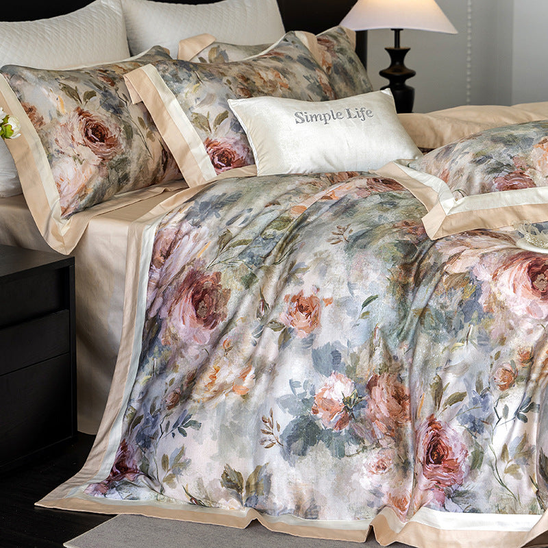 Vintage Painterly Floral Brushed Microfiber Duvet Cover Set with Contrast Ribbon Border