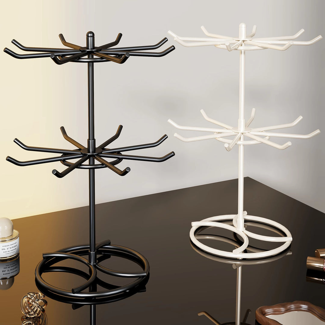 Tiered Rotating Jewelry Organizer Tree Stand with Multi-Arm Hooks and Ring Dish