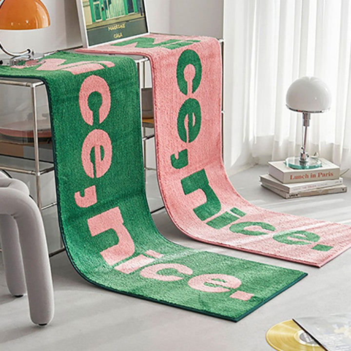 Long Chenille Runner Rug with Bold Green Typographic Slogan