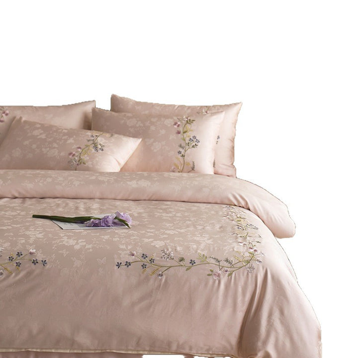 Botanical Jacquard Cotton Sateen Duvet Cover Ensemble with Delicate Sprig Embroidery and Envelope Pillowcases