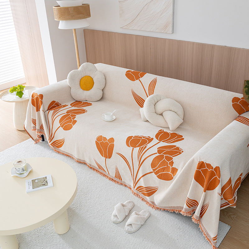Floral Jacquard Fringed Sofa Throw Cover Cotton-Linen Blend