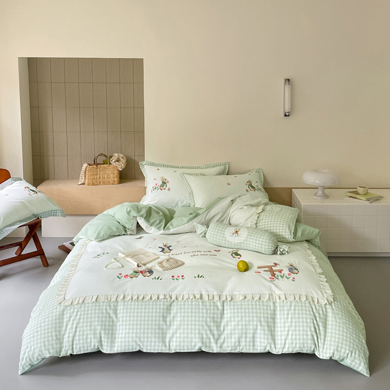 Embroidered Gingham Picnic-Illustration Cotton Duvet Cover Bedding Set