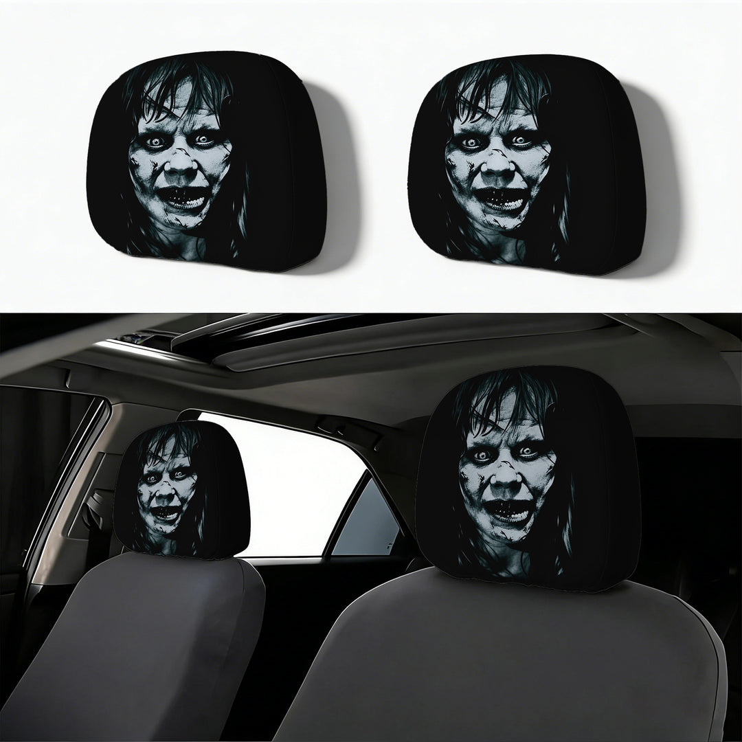 Car headrest cover with retro horror motif