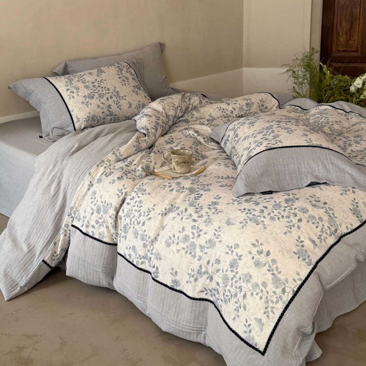 Floral Washed-Linen Cotton Blend Duvet Cover Set with Quilted Top and Piped Shams