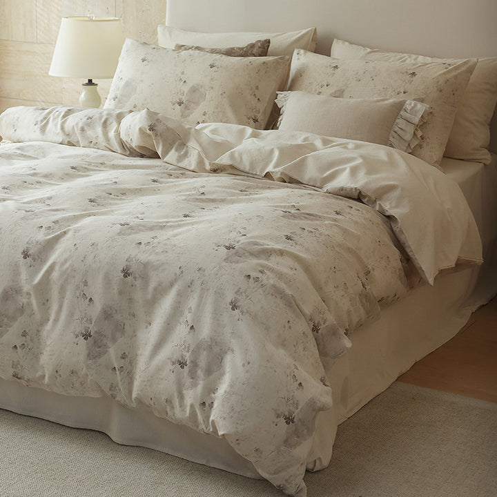 Luxury Linen-Cotton Duvet Cover Set with Floral Watercolor Print