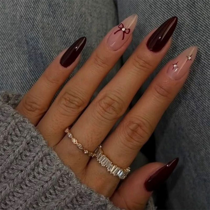 Artistic Press-On Nail Art Set with Decorative Bow and Crystal Accents Stornfield