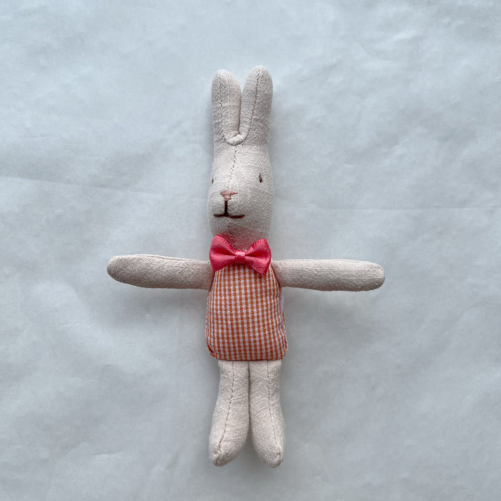 Hand-Sewn Linen Bunny Comforter Doll with Gingham Pocket Dress