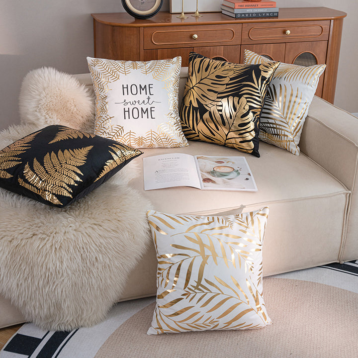 Decorative Square Throw Pillow Cover with Gold Foil Leaf Border and 'Home Sweet Home' Script
