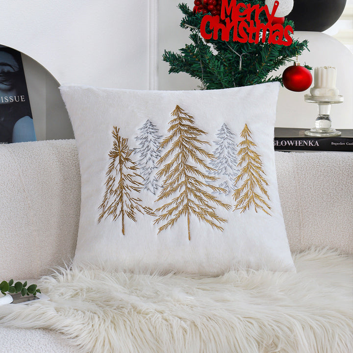 Square decorative cushion cover made of faux fur with embroidered Christmas tree motif Stornfield