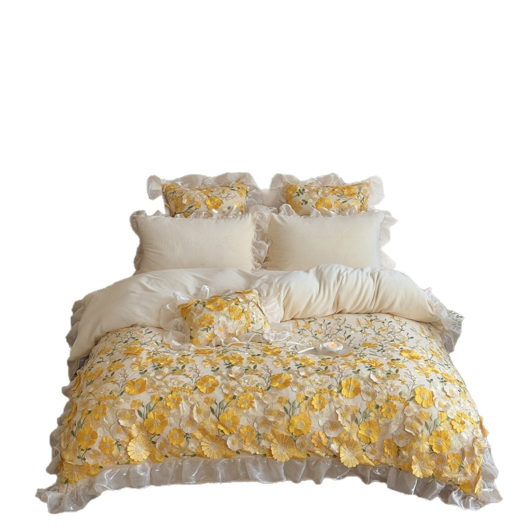 Embroidered Floral Organza Ruffle Duvet Cover Bedding Set