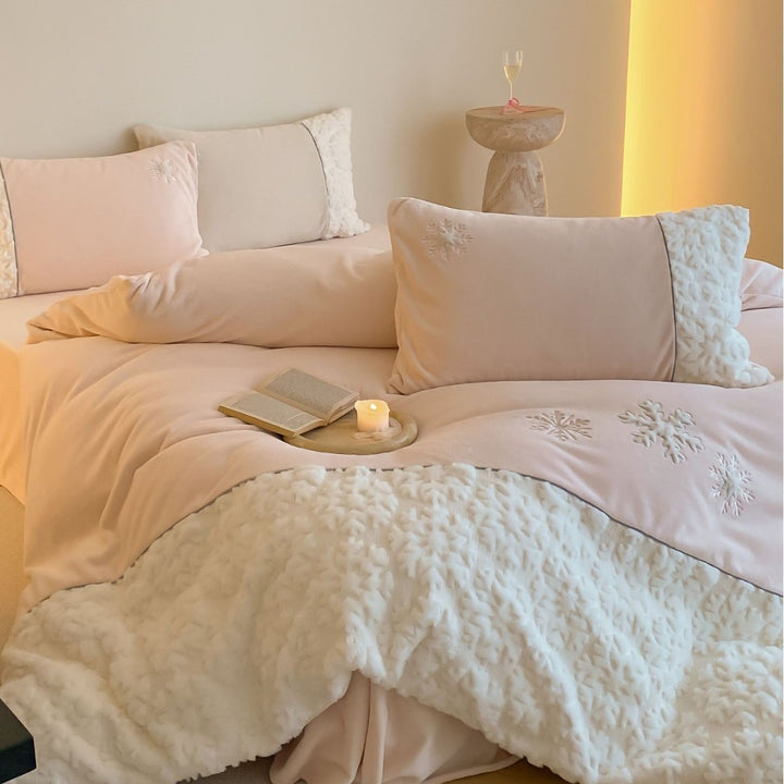 Snowflake-Embroidered Cotton-Sateen Duvet Cover Set with Sherpa Border & Envelope Shams