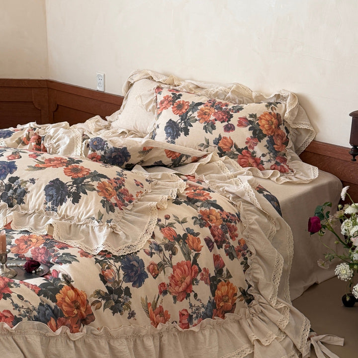 Floral Ruffled Cotton-Linen Duvet Cover Set with Lace Trim and Euro Shams
