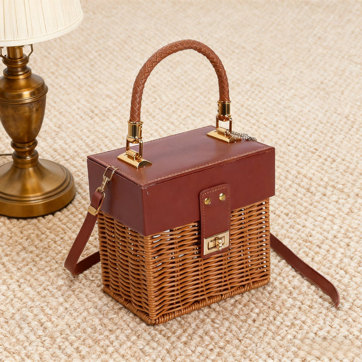 Women Stylish Basket with Elegant Leather Lid and Woven Design Stornfield