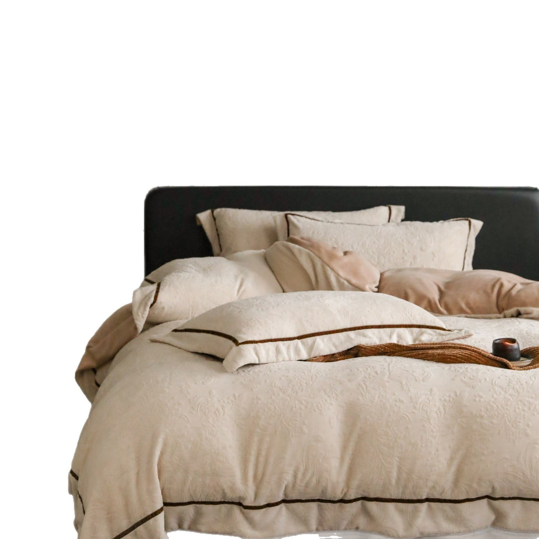 Quilted Microfiber Duvet Cover Set with Piped Shams and Embossed Leaf Texture