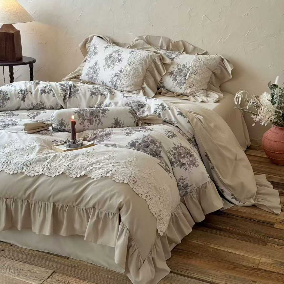 Ruffled Lace-Trim Cotton Sateen Duvet Cover Set with Floral Jacquard Shams & Decorative Bolster