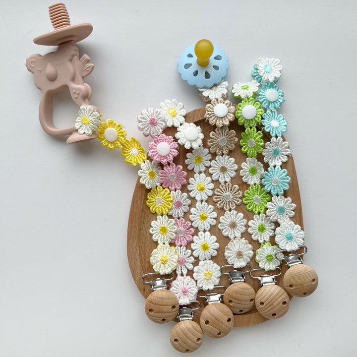 Handmade Crochet Daisy Pacifier Clip with Wooden Safety Clamp