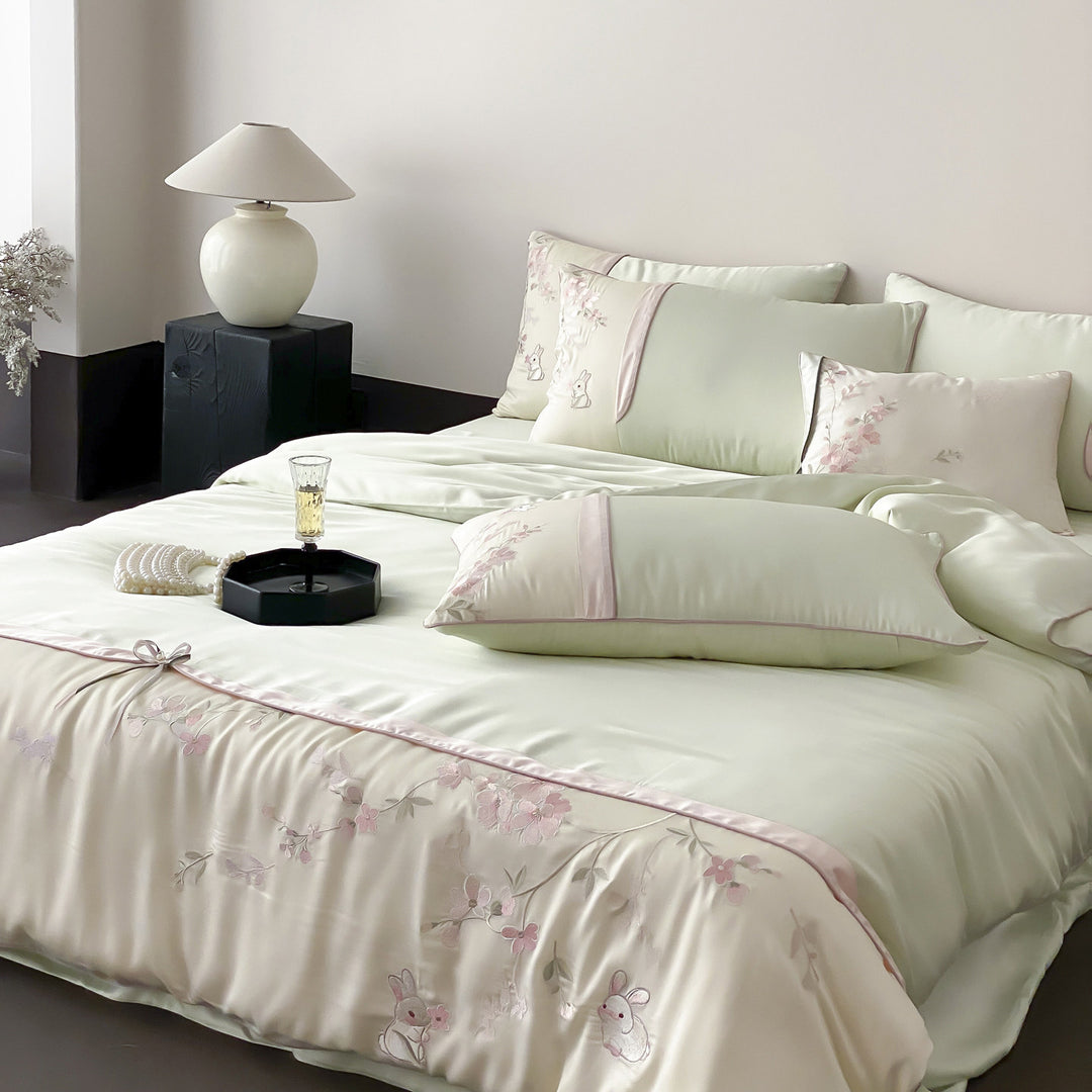 Luxe Satin-Feel Botanical Embroidered Duvet Cover Ensemble with Appliqué Bunnies & Ribbon-Tie Hem