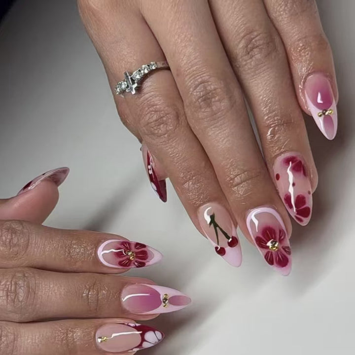 Artistic Floral and Cherry-Embellished Press-On Nails Stornfield