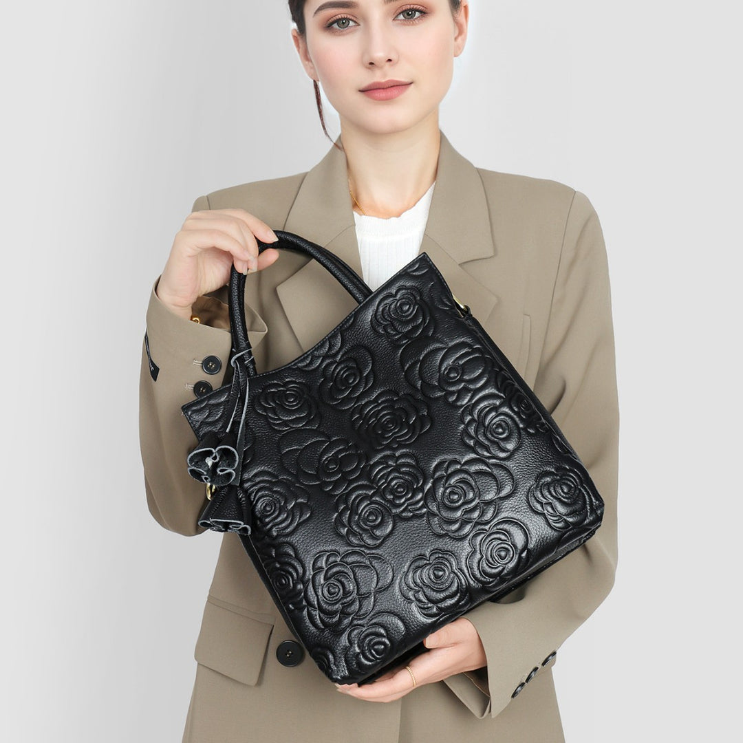 Embossed Floral Leather Tote Bag with Detachable Strap