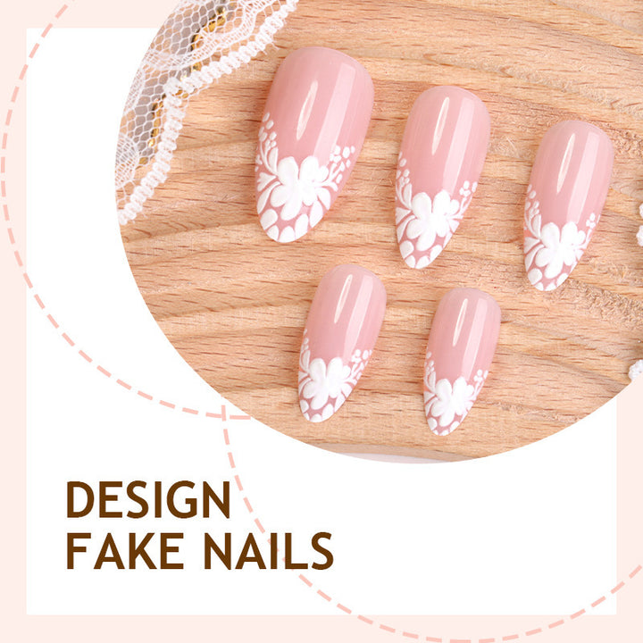 Artificial nail set with delicate floral decorations and translucent finish Stornfield