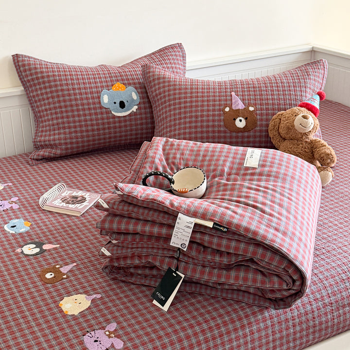 Quilted Plaid Cotton Mattress Cover and Comforter Set with Embroidered Animal Appliqué
