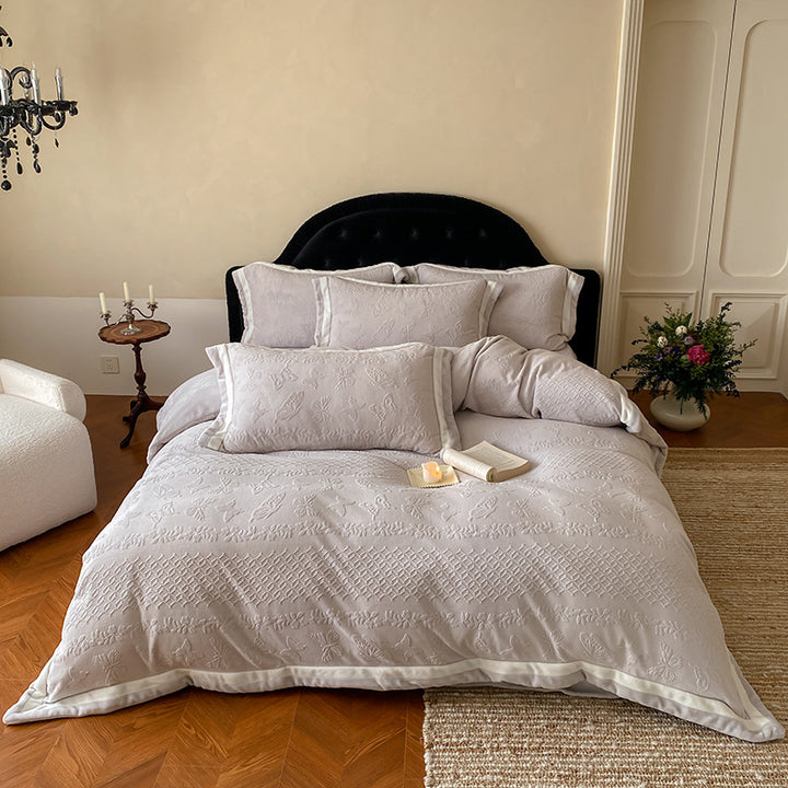 Textured Botanical Matelassé Duvet Cover Set with Satin-Wrapped Hem