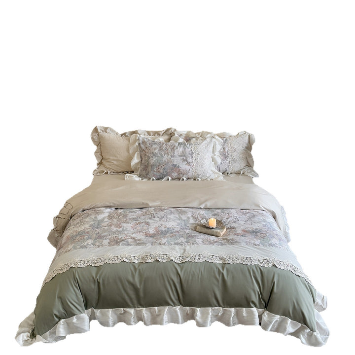 Ruffled Lace-Trim Floral Duvet Cover Set with Printed Panel & Frilled Shams