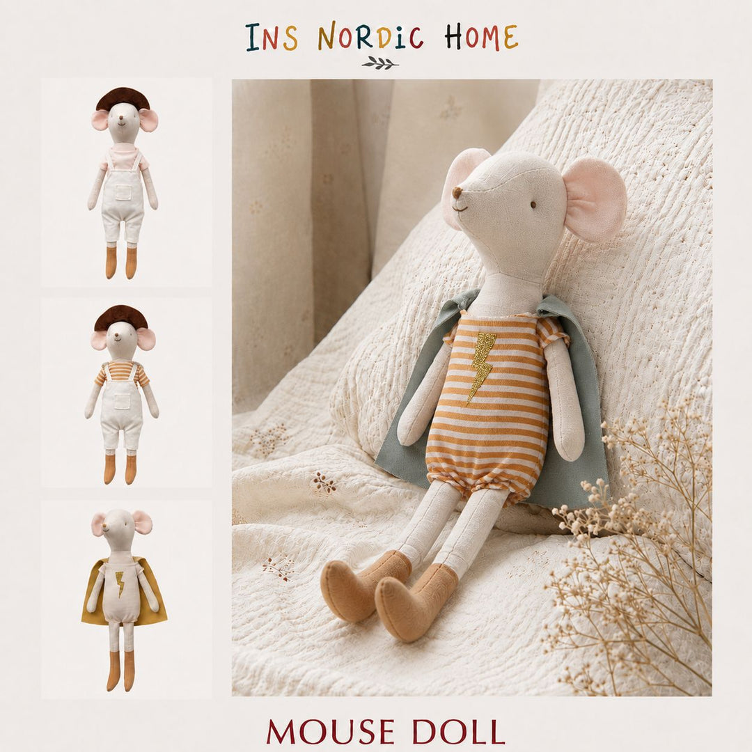 Handcrafted Long-Legged Linen Mouse Plush Doll with Striped Romper