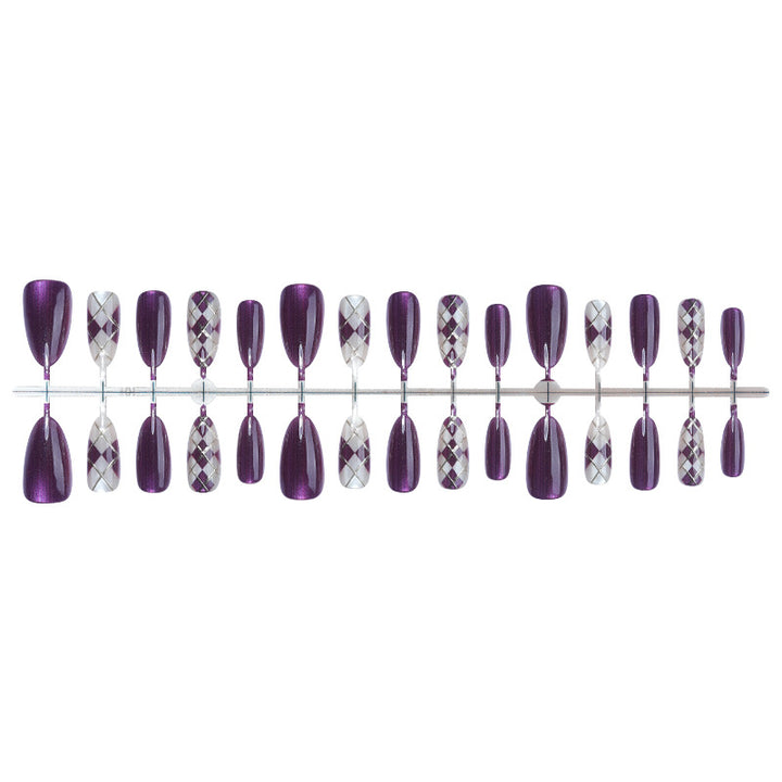 Artificial nail set with elegant checkered pattern and deep shine Stornfield