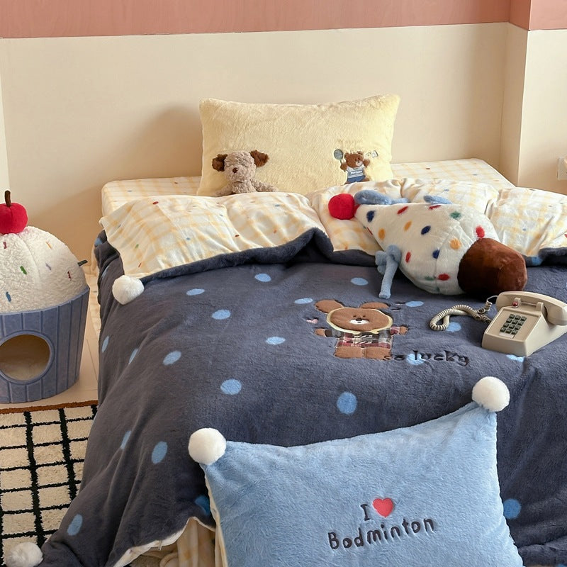 Plush Cartoon Cat Duvet Comforter Set with Polka Dot Fleece & Pom-Pom Decorative Pillows