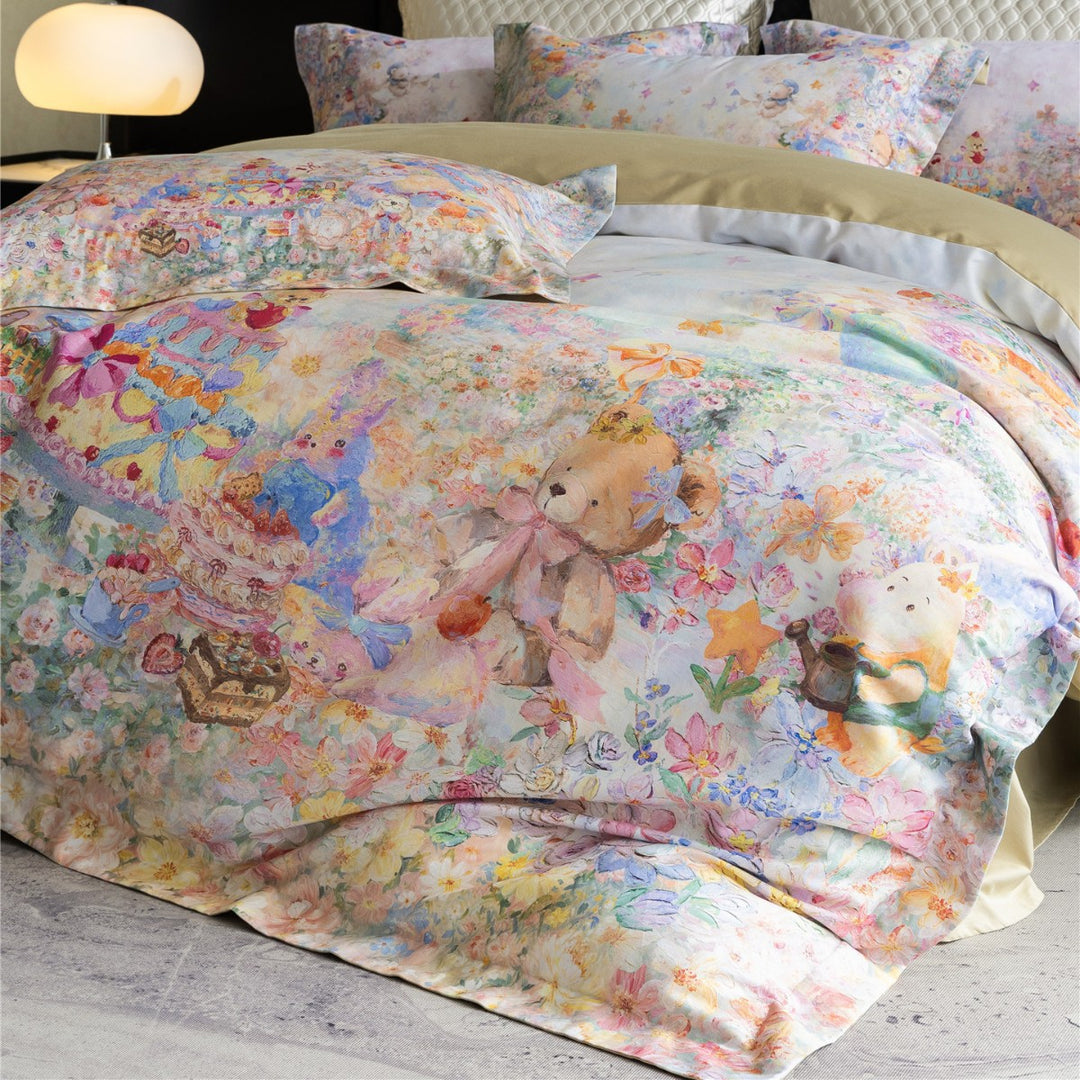 Watercolor Teddy Bear Floral Duvet Cover Set