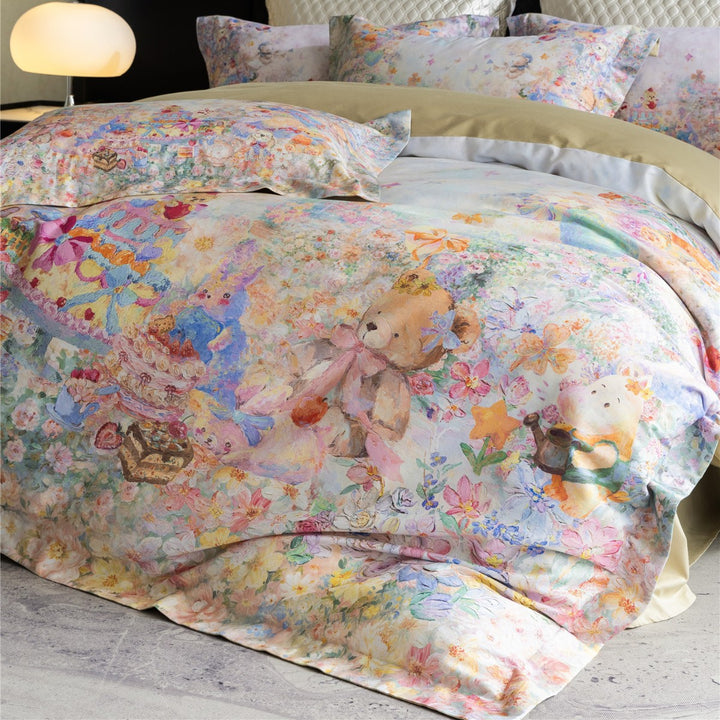 Watercolor Teddy Bear Floral Duvet Cover Set