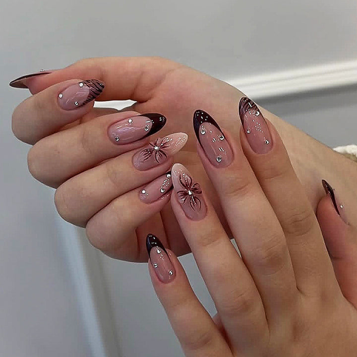 Deluxe Press-On Nail Set with Elegant Black Tips and Embellishments Stornfield