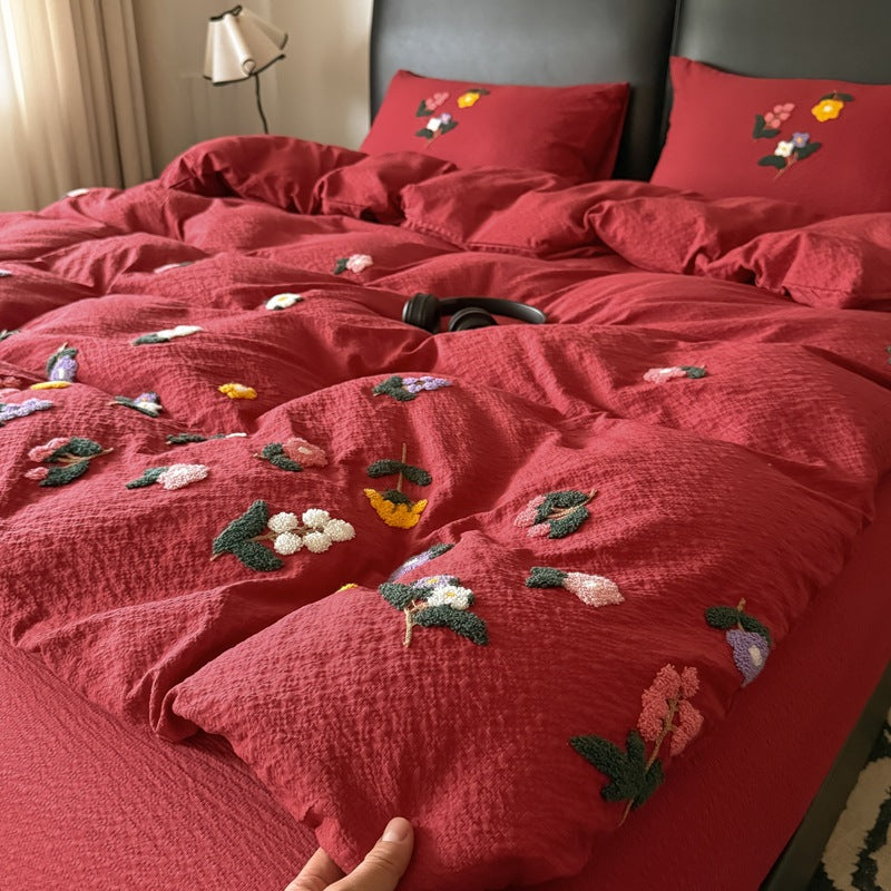Textured Embroidered Floral Duvet Cover Set with Tufted Appliqué