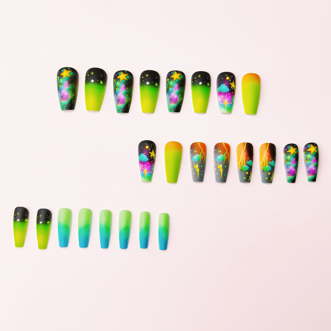 Creative acrylic nails with neon galaxy design Stornfield