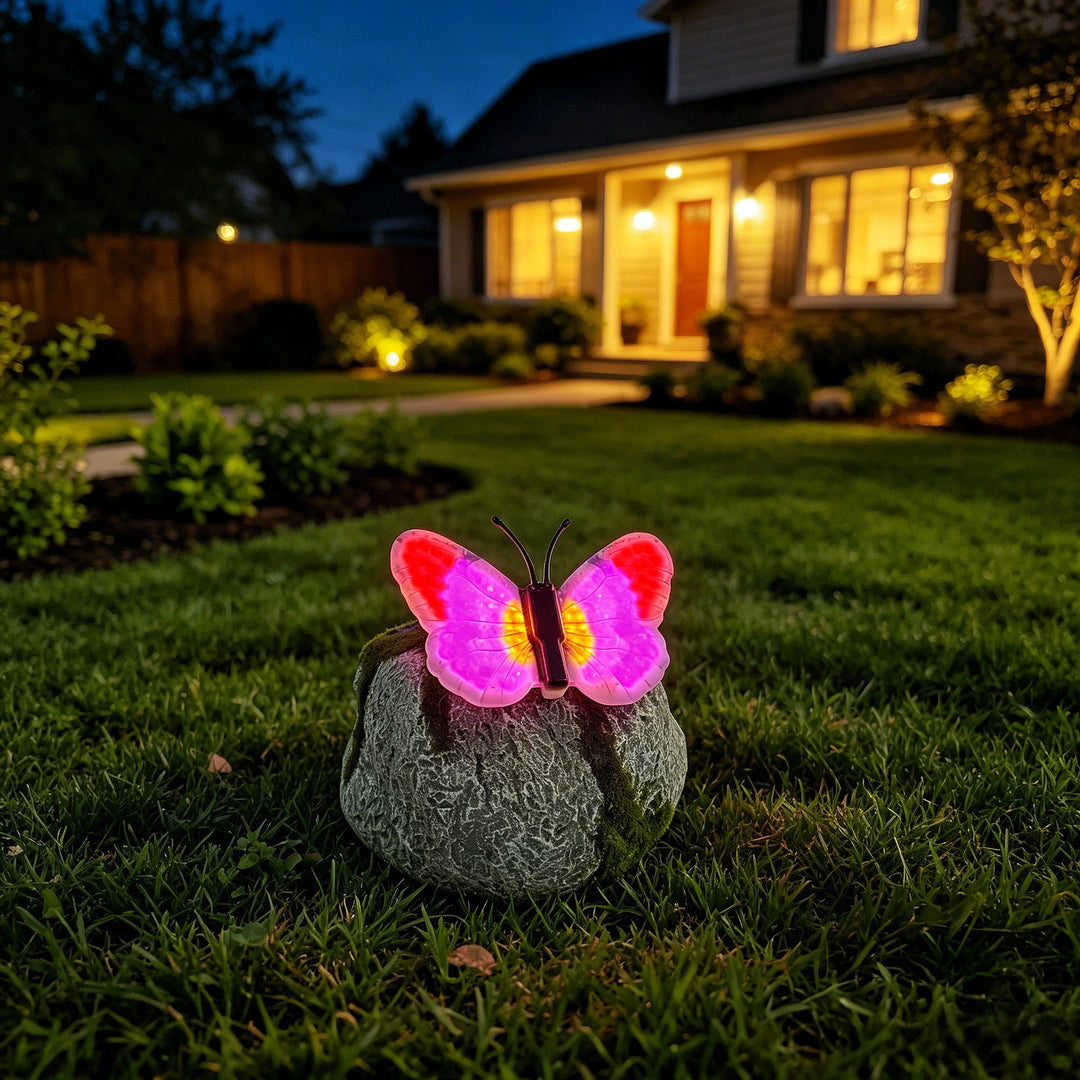 Decorative Solar-Powered Butterfly Perched Stone LED Garden Accent Stornfield