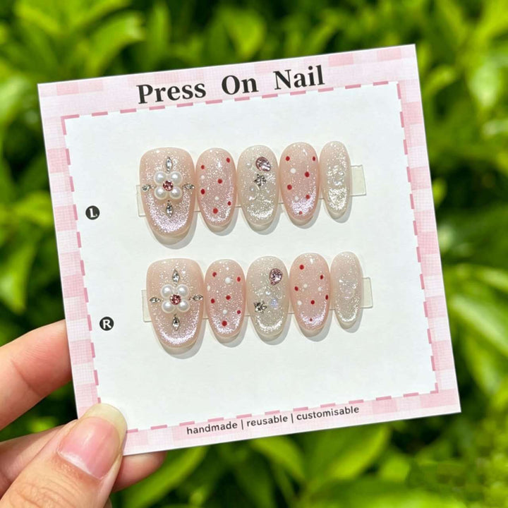 Decorative Press-On Nail Set with Floral and Shimmer Accents