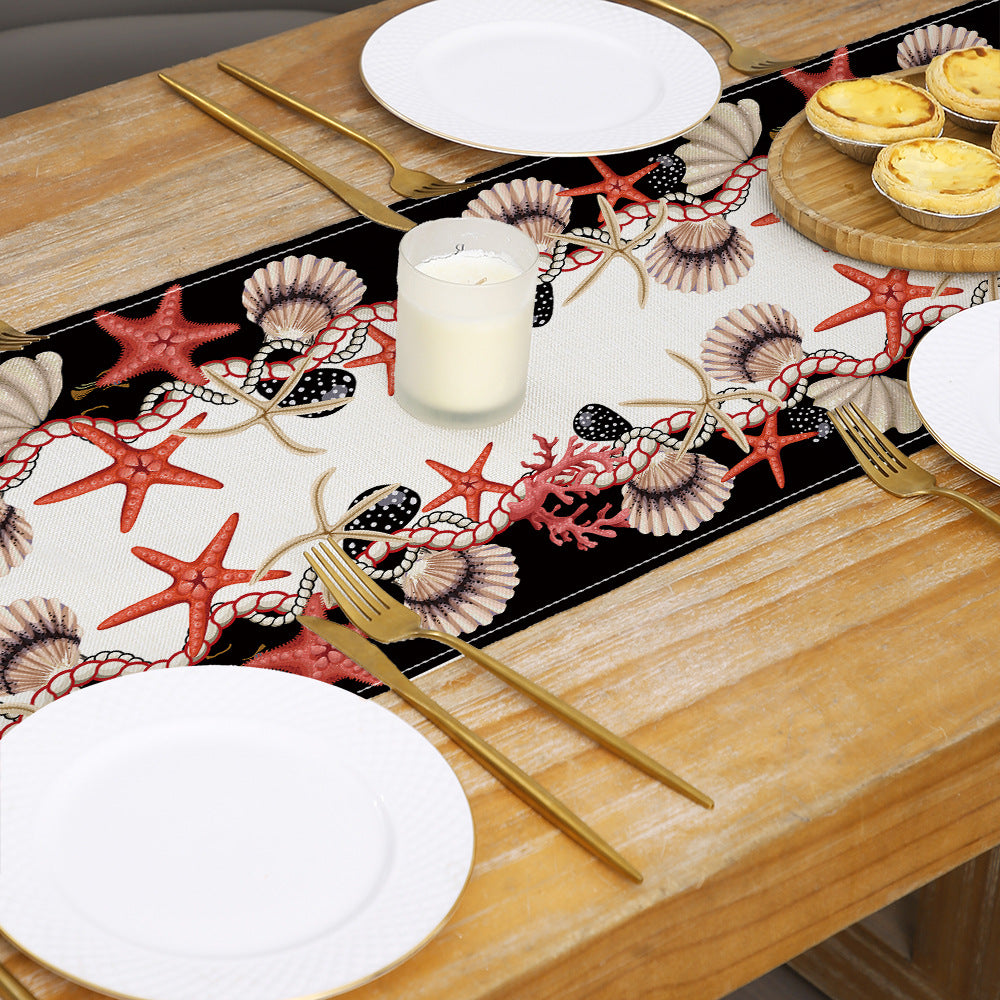Coastal Watercolor Octopus & Sea Life Cotton-Linen Table Runner