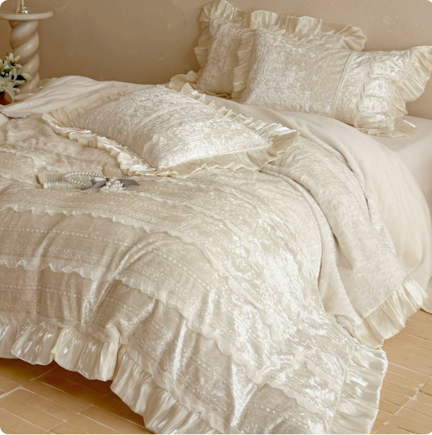 Ruffled Velvet Jacquard Duvet Cover and Pillow Sham Set with Satin Trim