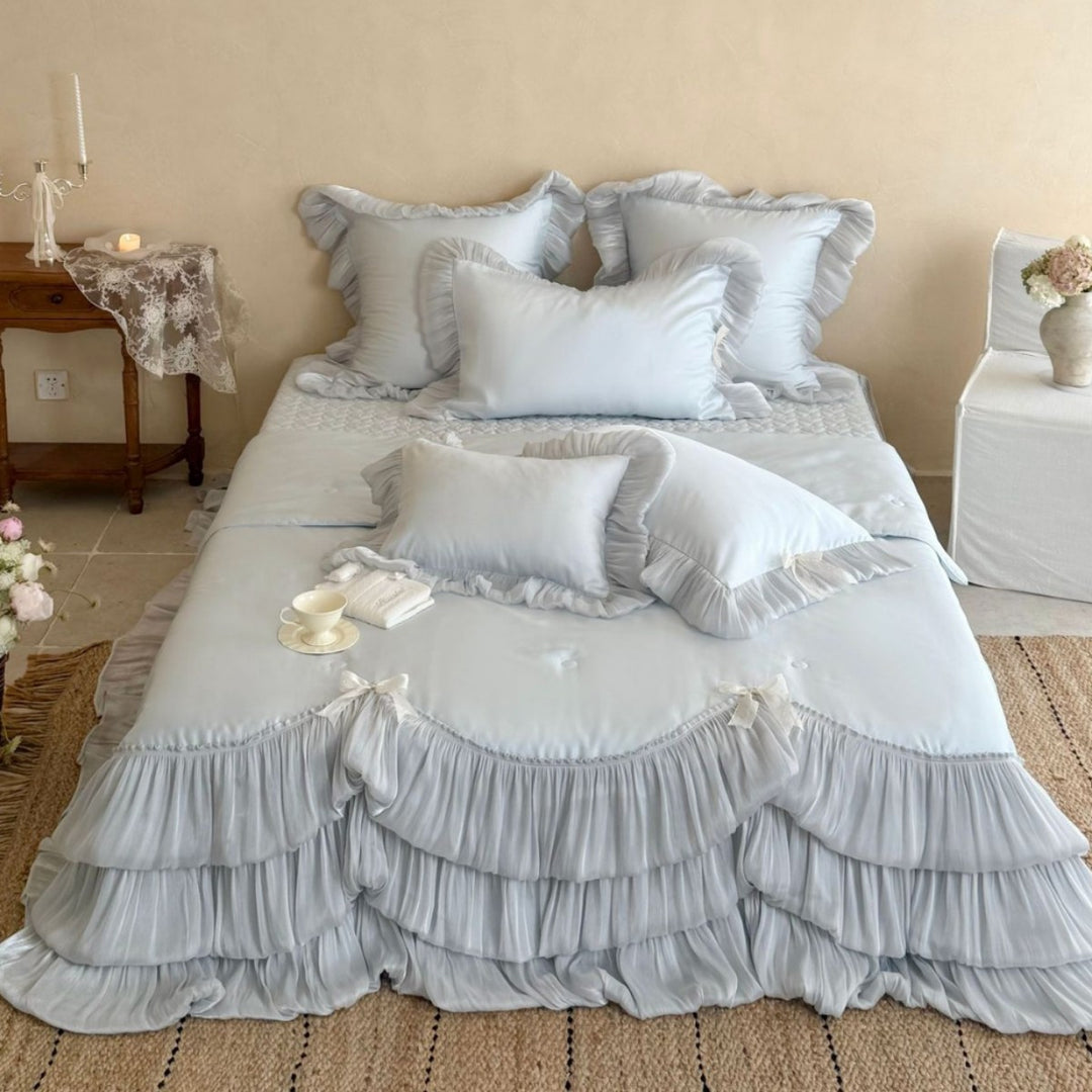 Layered Pleated Satin-Feel Tiered Bedspread Set with Ruffled Pillow Shams