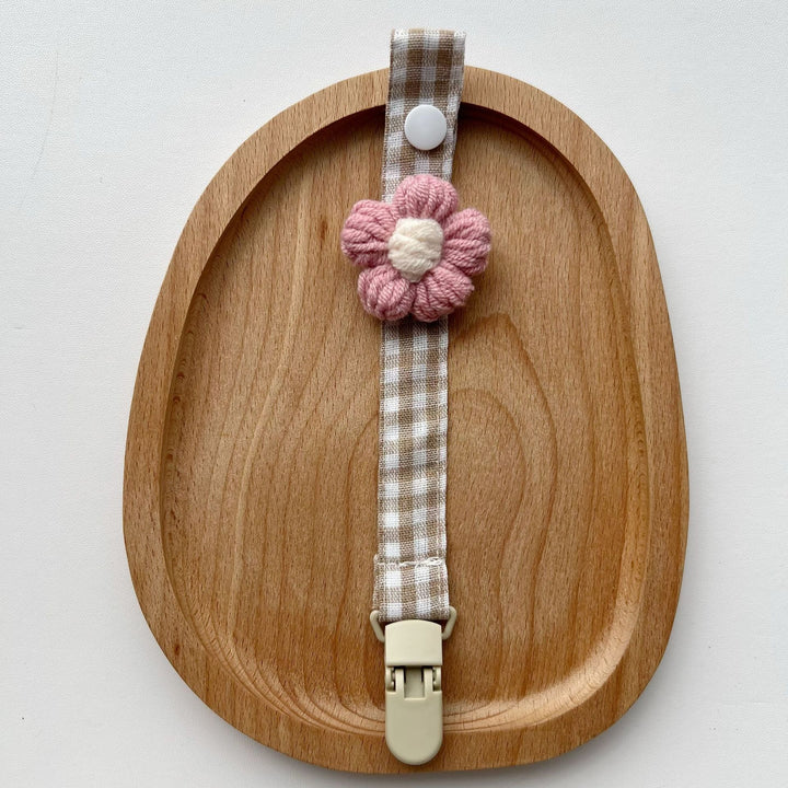 Gingham Linen-Style Crochet Flower Pacifier and Teether Clip