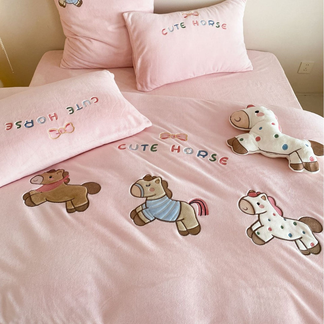 Children's Plush Horse Embroidered Duvet Cover Bedding Set
