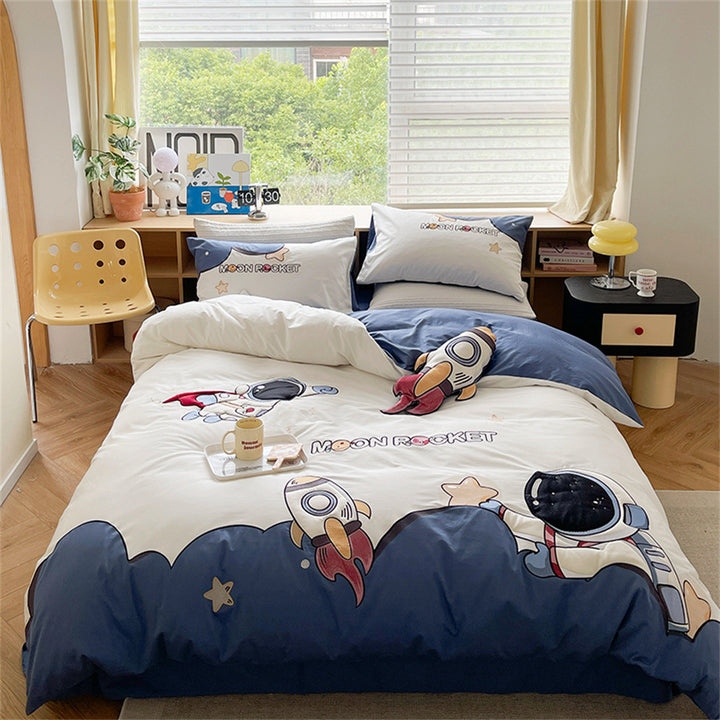 Children's Space-Themed Cotton Duvet Cover and Pillowcase Set