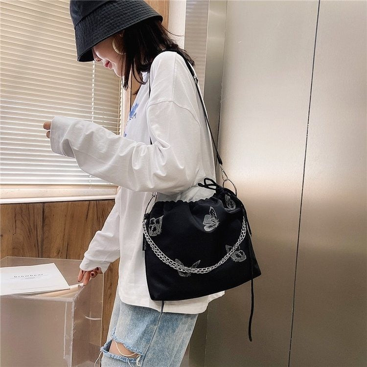 Elegant Drawstring Butterfly Print Handbag
