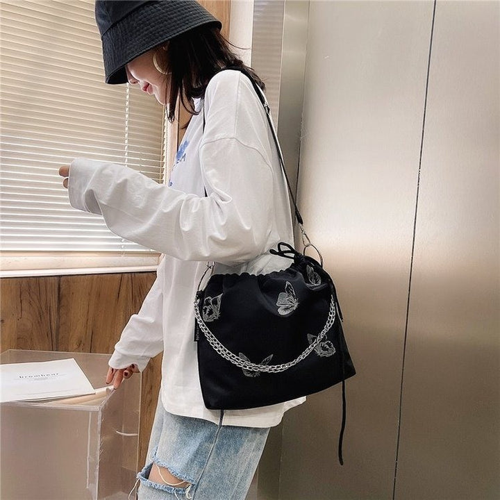 Elegant Drawstring Butterfly Print Handbag
