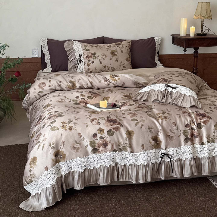 Satin Floral Ruffled Duvet Cover Set with Lace Trim and Pillow Shams