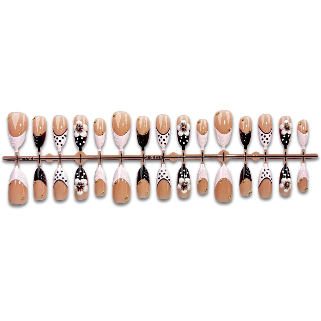 Artistic Press-On Nail Set with Floral and Polka Dot Designs