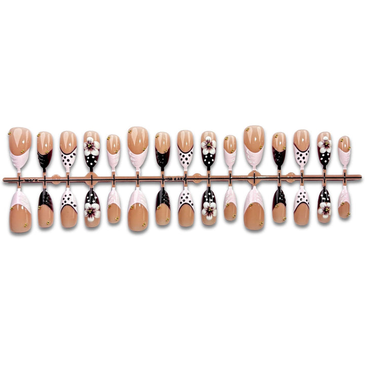 Artistic Press-On Nail Set with Floral and Polka Dot Designs