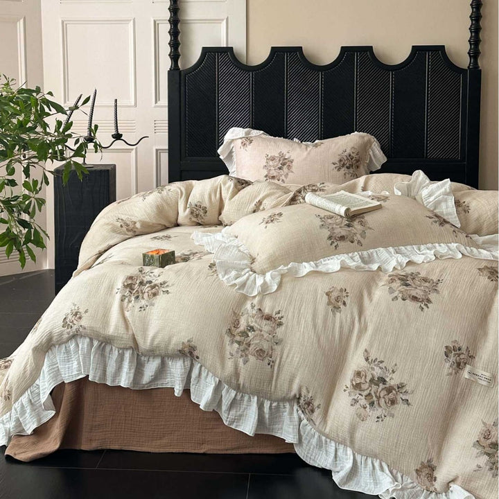 Crinkled Cotton Ruffled Duvet Cover Set with Floral Textured Finish & Frilled Shams